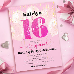 Rosa Glitter Sweet 16 Birthday Balloons Modern Inbjudningar
