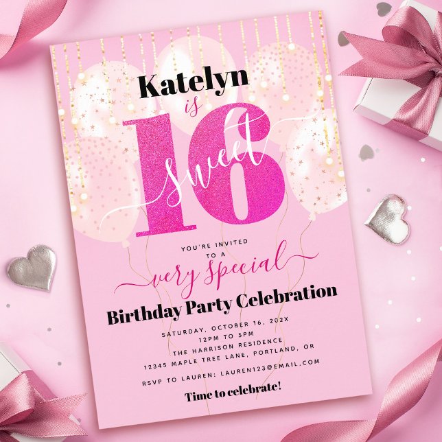 Rosa Glitter Sweet 16 Birthday Balloons Modern Inbjudningar (Skapare uppladdad)