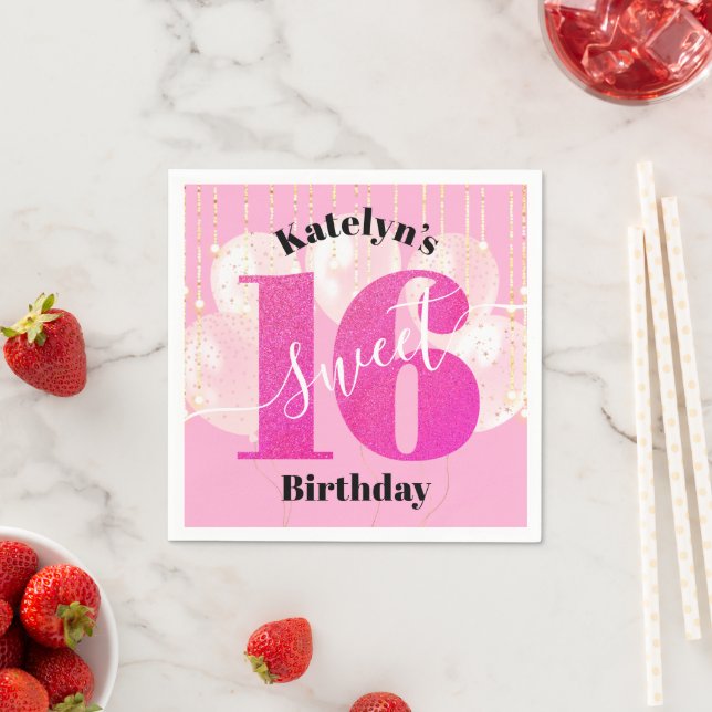 Rosa Glitter Sweet 16 Birthday Balloons Script Pappersservett (Insitu)
