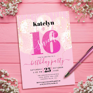 Rosa Glitter Sweet 16 Birthday Chic Girly Balloons Inbjudningar