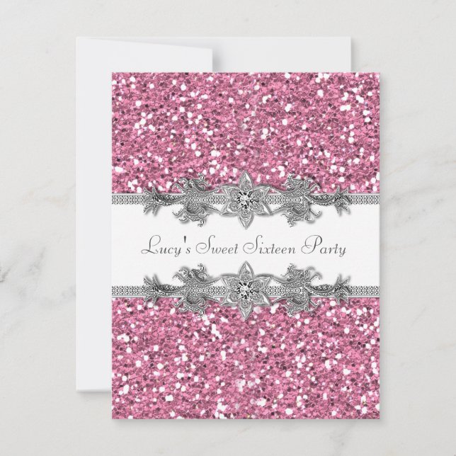 Rosa Glitter Sweet 16-fest Inbjudningar (Framsida)