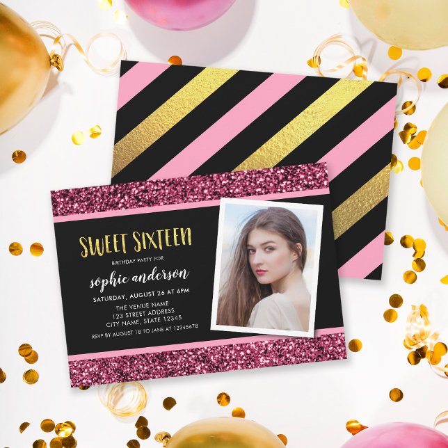 Rosa Glitter Sweet 16 Fotofödelsedagsinbjudan Inbjudningar (Skapare uppladdad)