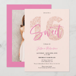 Rosa glitter Sweet 16 skript, fotofödelsedag Inbjudningar
