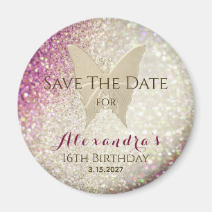 Rosa Glitter Sweet 16 Spara datum Inbjudan Magnet