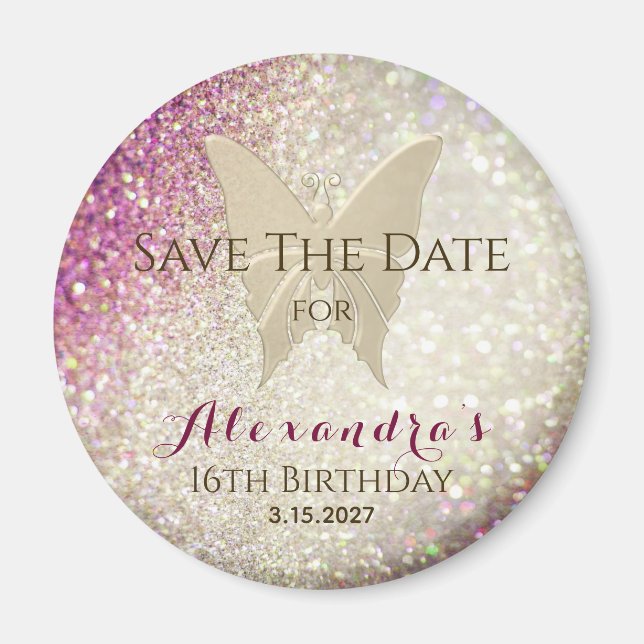Rosa Glitter Sweet 16 Spara datum Inbjudan Magnet (Framsidan)