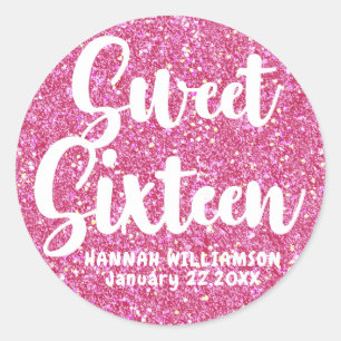 Rosa Glitter Sweet sixteen Personlig Sticker Runt Klistermärke