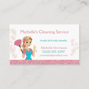 Rosa Glitter Tecknad Maid House Städning Service Visitkort