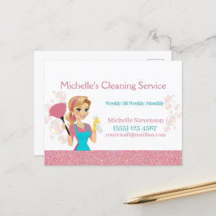 Rosa Glitter Tecknad Maid House Städning Service Vykort