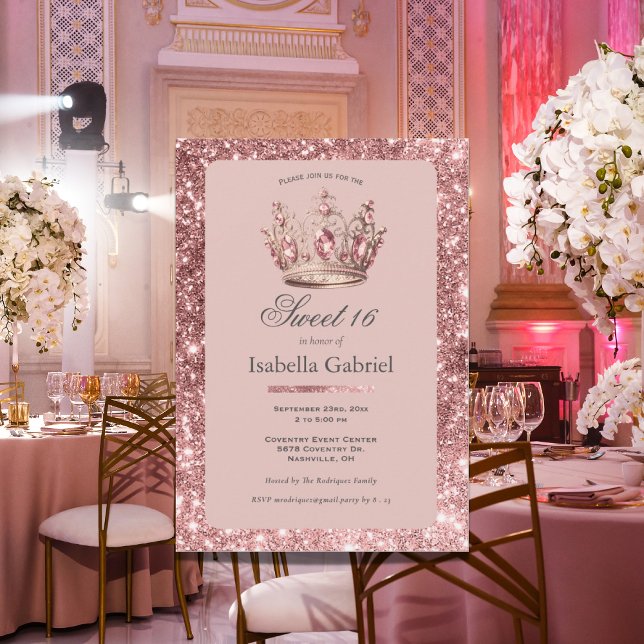 Rosa Glitter Tiara Krona Elegant Sweet 16 Inbjudningar (Skapare uppladdad)