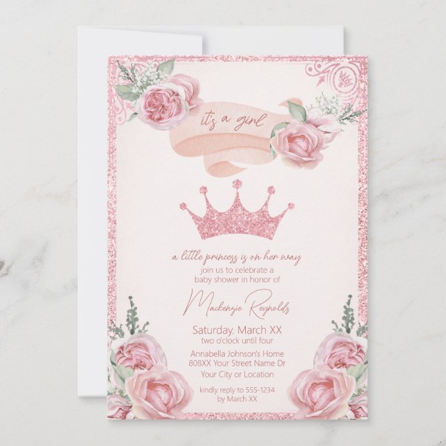 Rosa Glitter Tiara Princess Baby Shower Inbjudningar (Framsida)