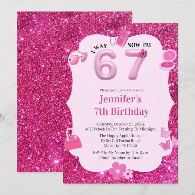 Rosa Glitter Tjej 7-års Födelsedag Var 6 Nu 7 Inbjudningar (Fram/baksida)