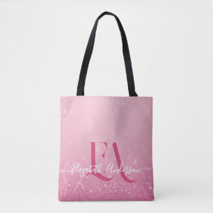 Rosa Glitter Tote Bag med Initialer och Namn Tygkasse