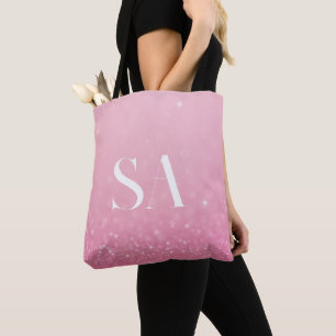 Rosa Glitter Tote Bag med Initialer och Namn Tygkasse