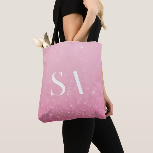 Rosa Glitter Tote Bag med Initialer och Namn Tygkasse (Närbild)