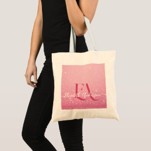 Rosa Glitter Tote Bag med Initialer och Namn Tygkasse