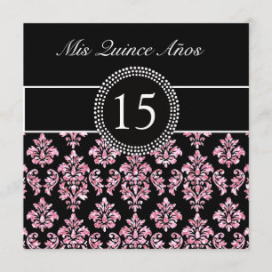 ROSA GLITTER tryckt, SVART DAMASK QUINCEANERA Inbjudningar