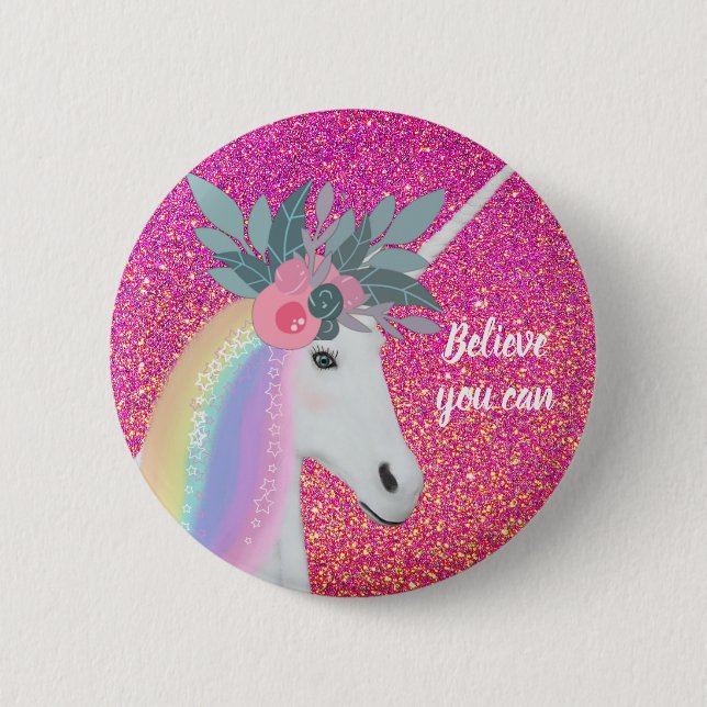Rosa Glitter Unicorn Rainbow Fantasy Flowers Knapp (Framsida)
