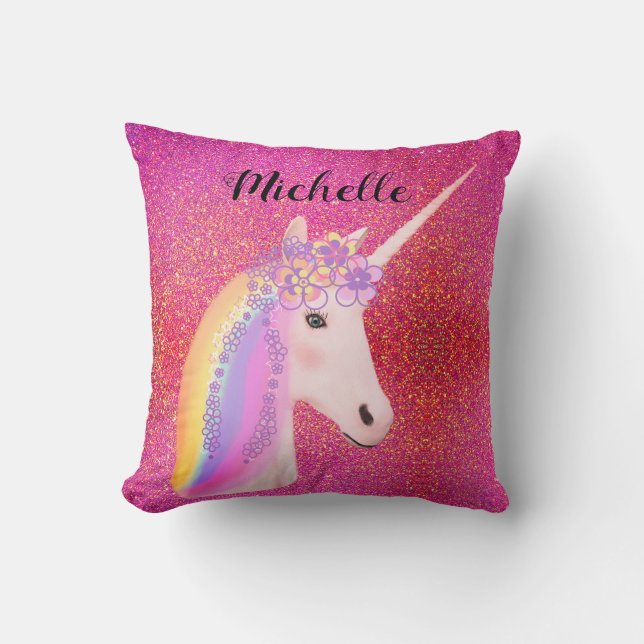 Rosa Glitter Unicorn Rainbow Sparkles Personlig Kudde (Framsida)