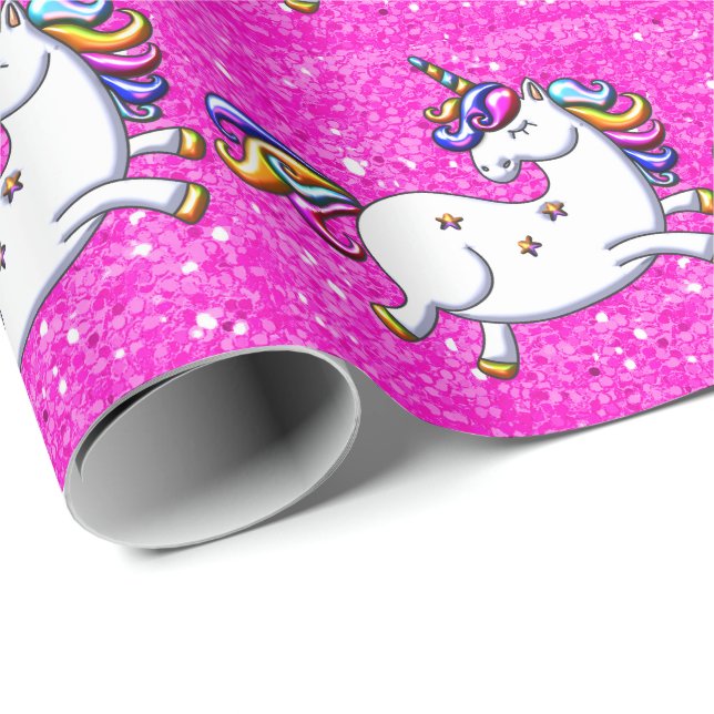Rosa Glitter Unicorns Presentpapper (Rullad Hörn)