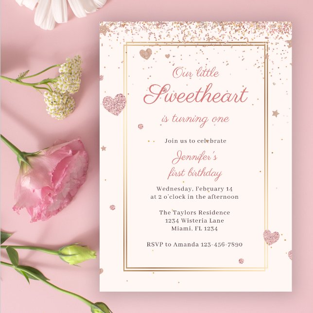 Rosa Glitter Valentine Sweine 1:a Birthday Inbjudningar (Skapare uppladdad)