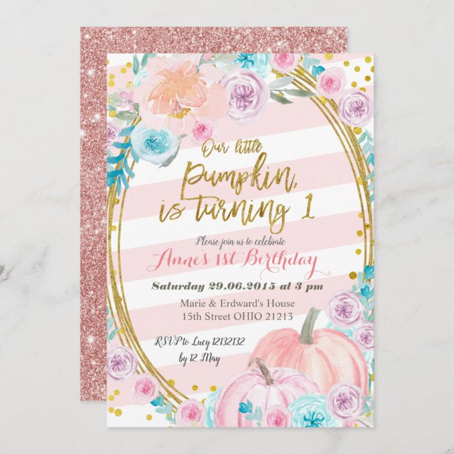 Rosa glitter vår lilla pumpa 1-årsfest inbjudningar (Fram/baksida)