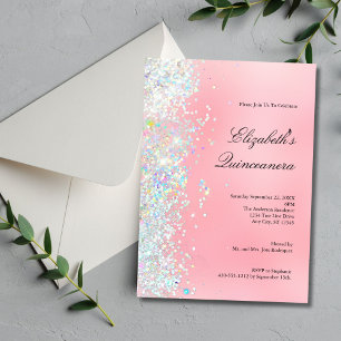 Rosa glitter vita glam bling Quinceanera Inbjudningar