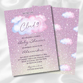 Rosa Glitter Watercolor Cloud Baby Shower Inbjudningar