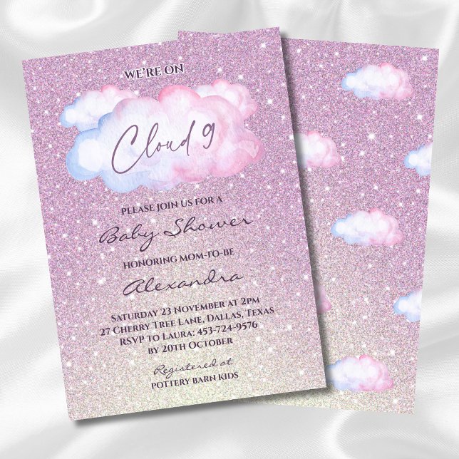 Rosa Glitter Watercolor Cloud Baby Shower Inbjudningar (Skapare uppladdad)