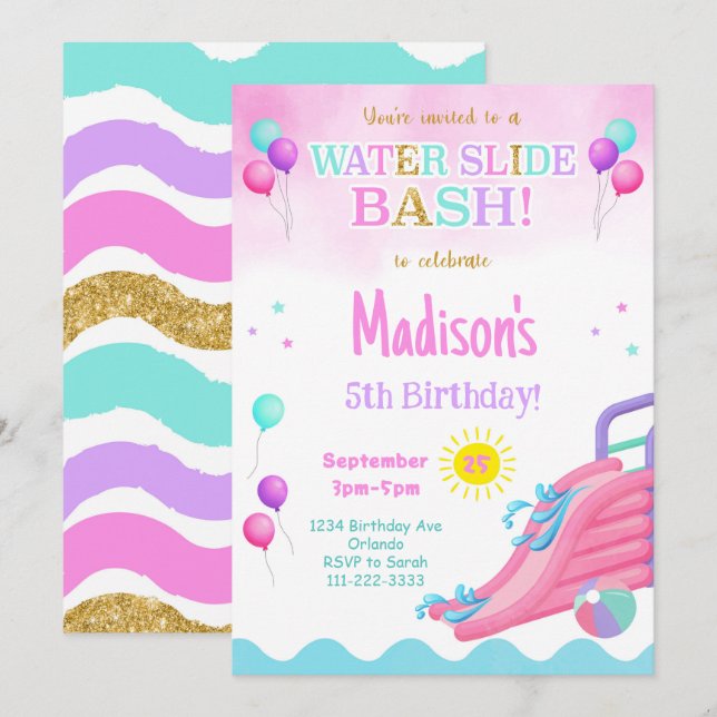 Rosa Glitter Waterdiag Bash Girls Birthday Inbjuda Inbjudningar (Fram/baksida)
