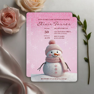 Rosa Glitter Winter Snögubbe Baby Shower Inbjudningar