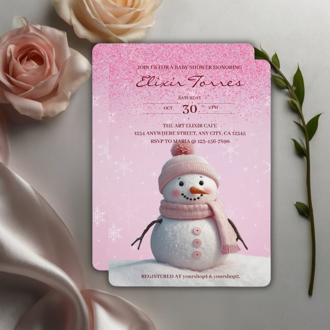 Rosa Glitter Winter Snögubbe Baby Shower Inbjudningar (Skapare uppladdad)