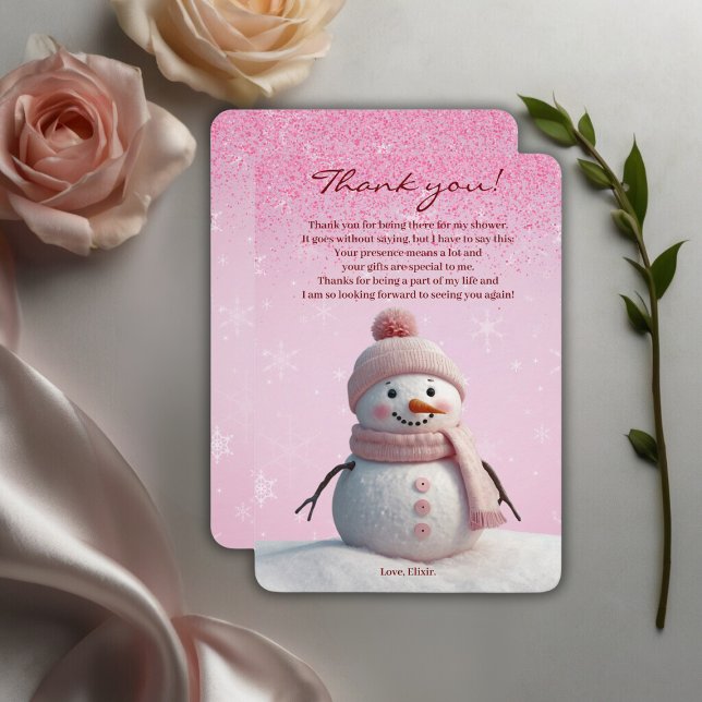 Rosa Glitter Winter Snögubbe Baby Shower Tack Kort (Skapare uppladdad)
