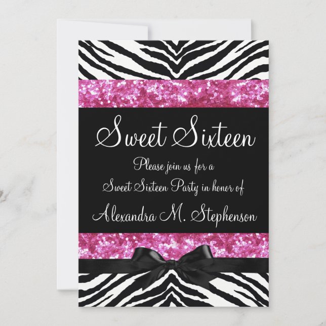 Rosa Glitter Zebra Bow Sweet sixteen Inbjudningar (Framsida)