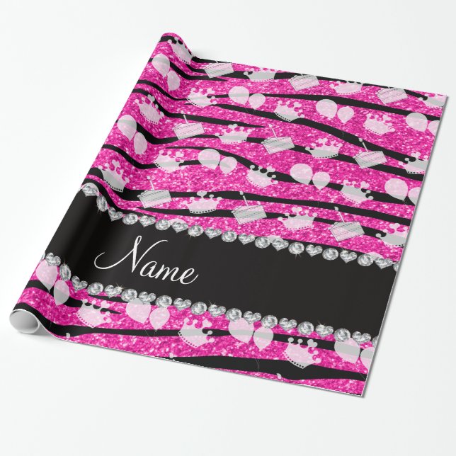 Rosa glitter zebra ränder födelsedagskalas på burk presentpapper (Utrullad)