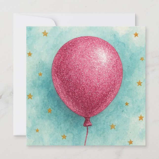 Rosa glitterballong gratulationskort. kort (Framsida)