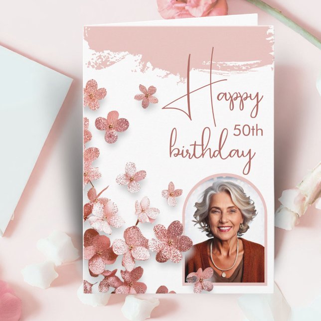 Rosa glitterblomma Blommig Foto 50-årsdag Kort (Skapare uppladdad)