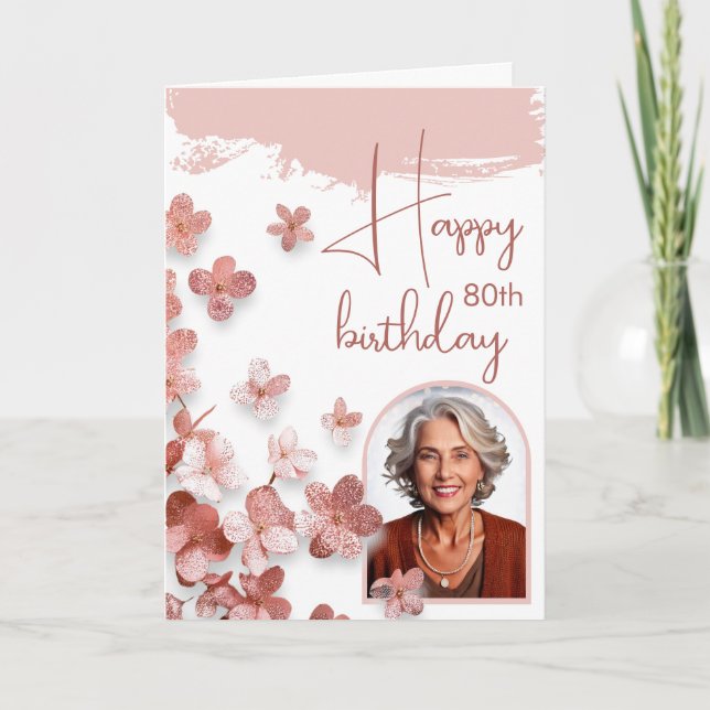 Rosa glitterblomma Blommig Foto 80-årsdag Kort (Framsida)