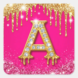 Rosa glitterdiamant initial A guld ram monogram Fyrkantigt Klistermärke