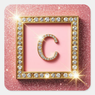 Rosa glitterdiamant initial C guld ram monogram Fyrkantigt Klistermärke