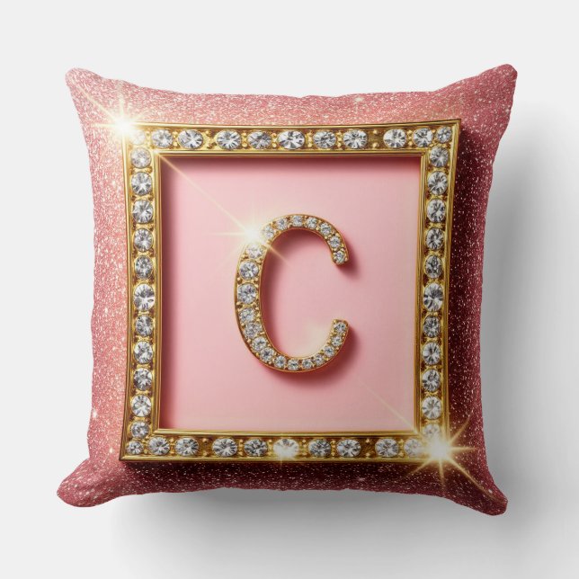 Rosa glitterdiamant initial C guld ram monogram Kudde (Framsida)