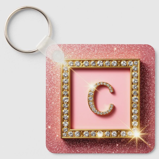 Rosa glitterdiamant initial C guld ram monogram Nyckelring (Framsida)