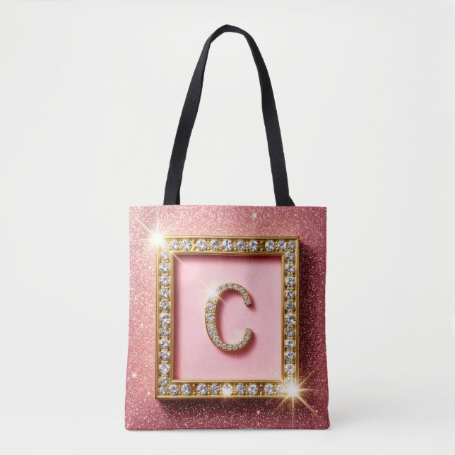 Rosa glitterdiamant initial C guld ram monogram Tygkasse (Framsida)