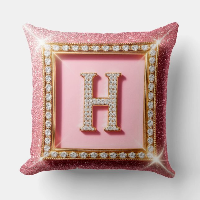 Rosa glitterdiamant Initial H guld ram monogram Kudde (Framsida)