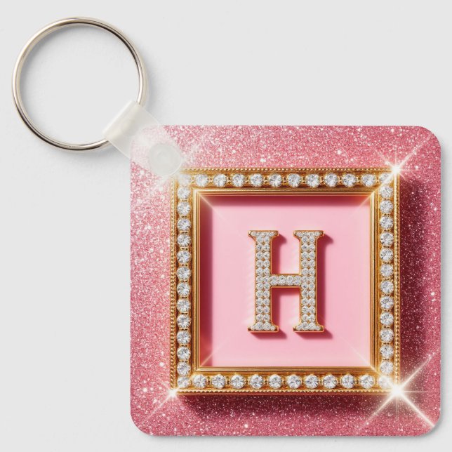 Rosa glitterdiamant initial H guld ram monogram Nyckelring (Framsida)