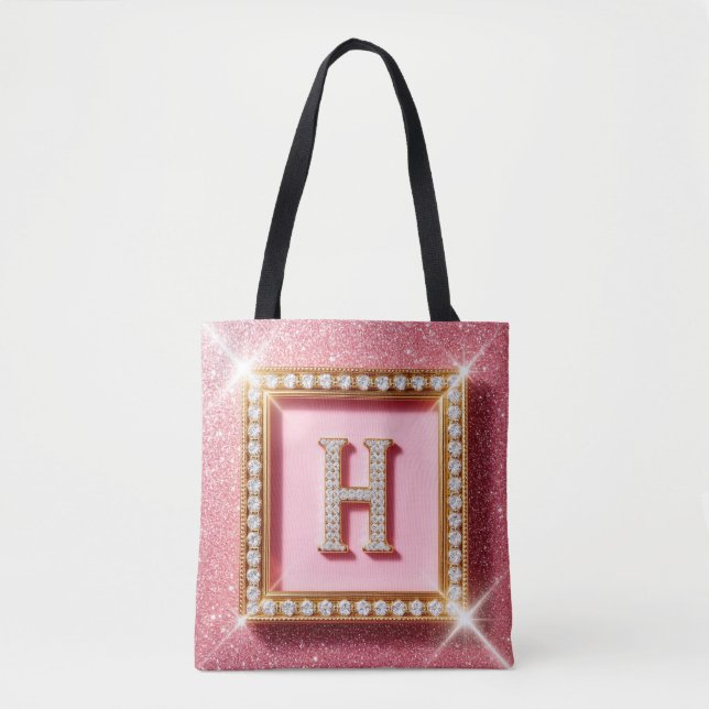 Rosa glitterdiamant initial H guld ram monogram Tygkasse (Framsida)