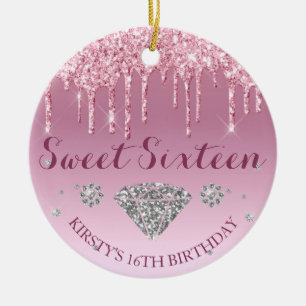 Rosa glitterdropp Diamant Sweet Sixteen Julgransprydnad Keramik