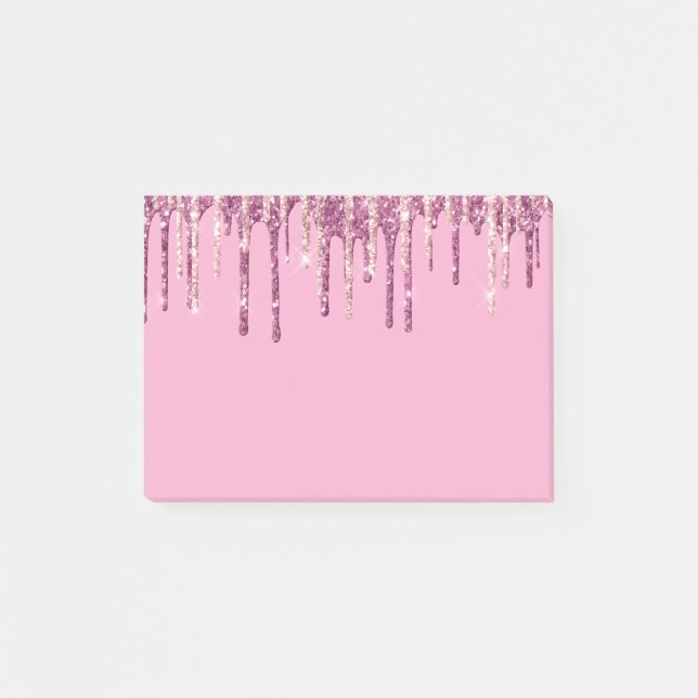 Rosa glitterdroppad födelsedagskräm för glass post-it block (Framsida)