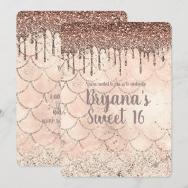 Rosa glitterdroppad havsfrusits Sweet 16-fest Inbjudningar