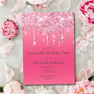 Rosa glitterdroppar Bling Söt 16-årsdag Inbjudningar