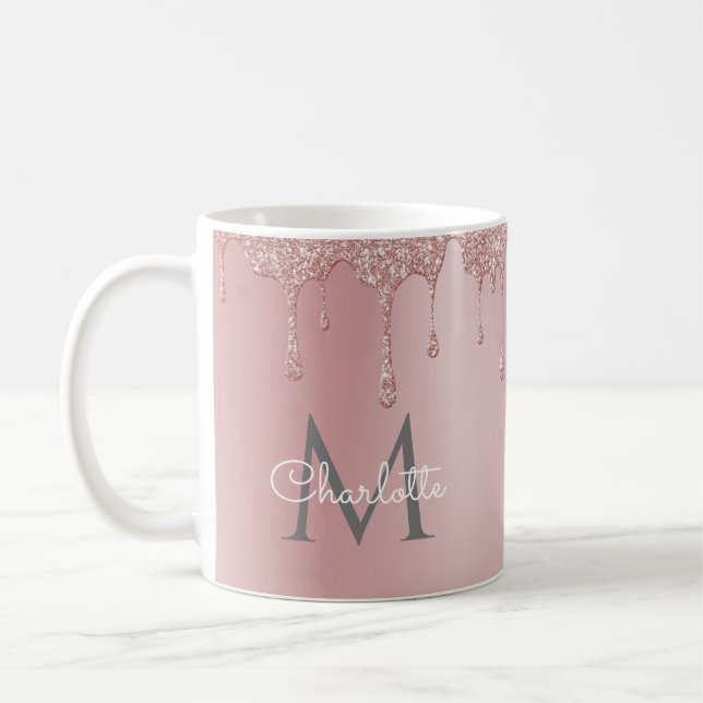Rosa glitterdroppar Elegant flickaktig scriptmonog Kaffemugg (Vänster)